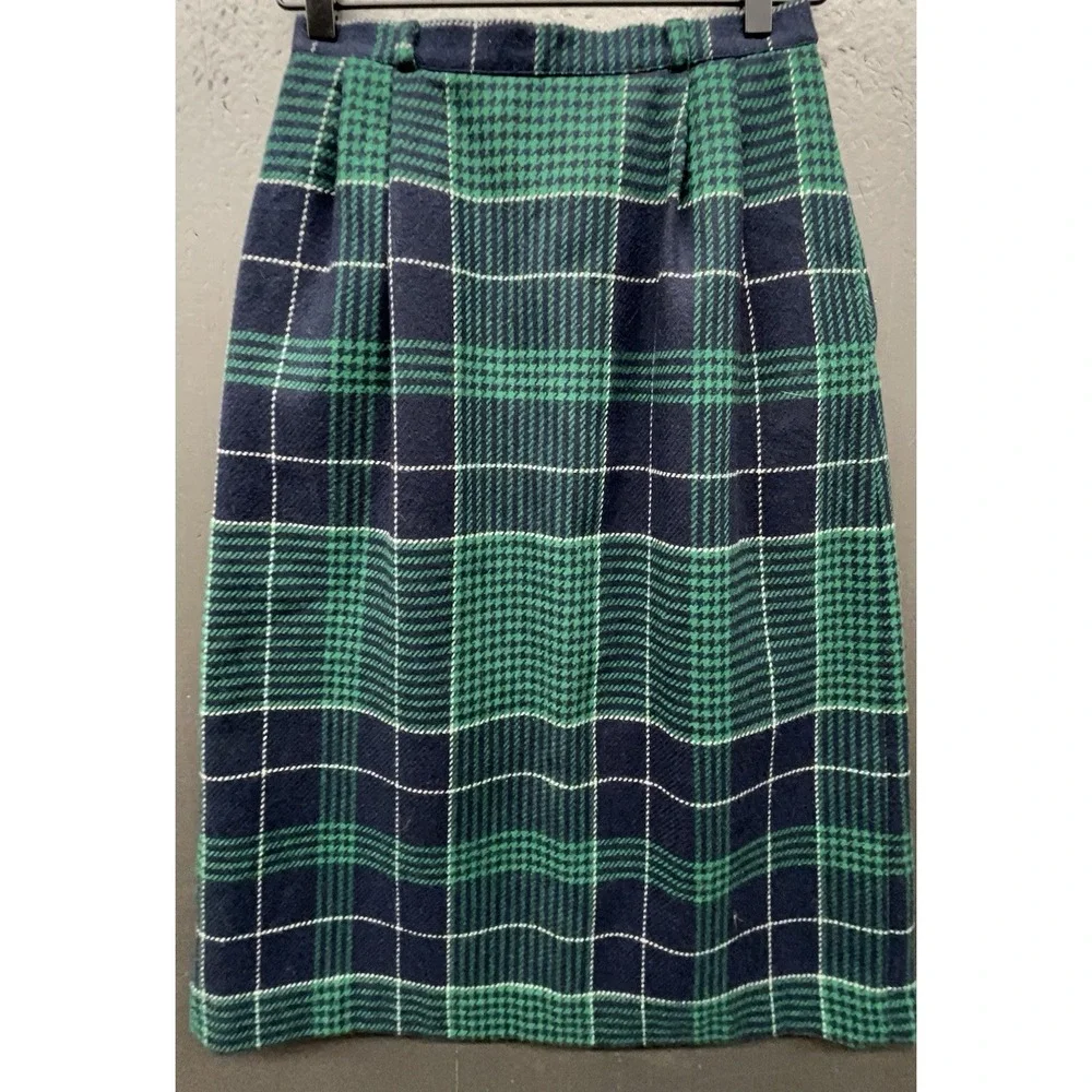 Vintage Wool Skirt 8 Blue Green Tartan Plaid Pleated Midi‎ Pocket Preppy Classic